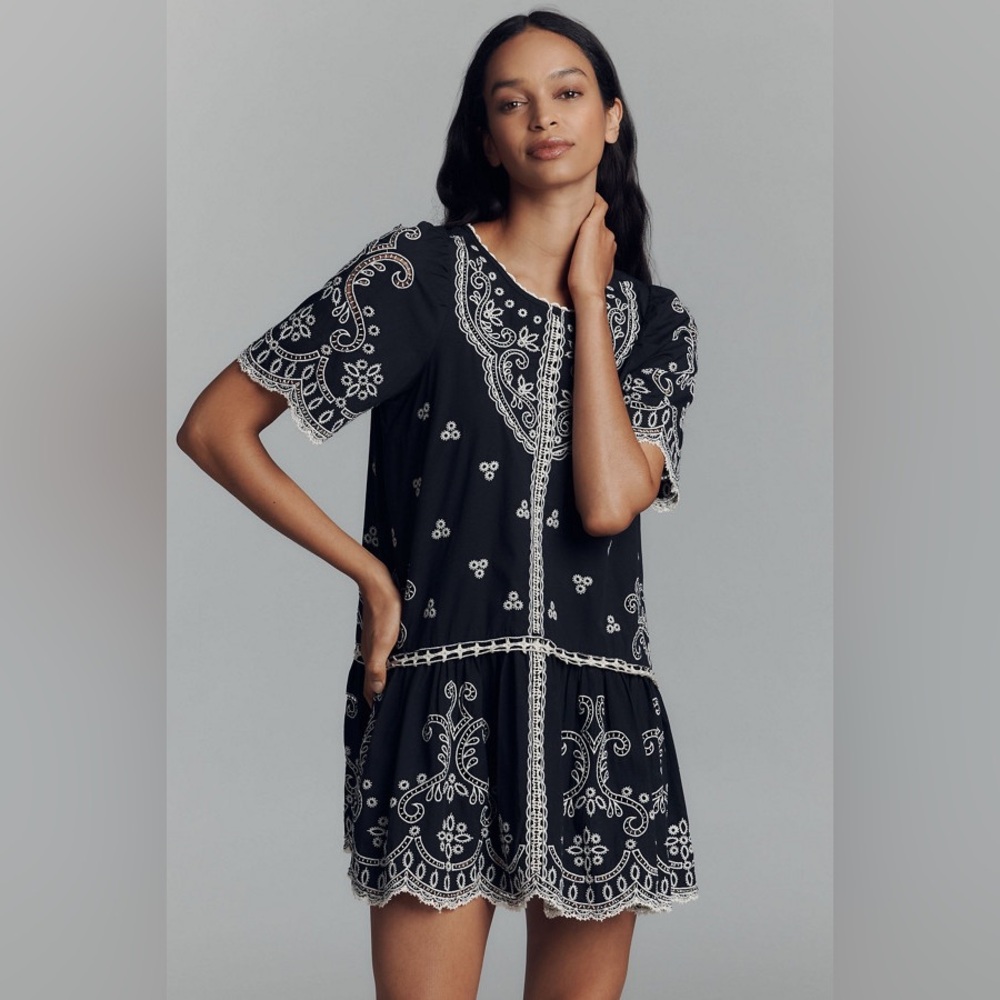 NWT Anthropologie: MAEVE SHORT-SLEEVE EMBELLISHED COTTON LACE MINI DRESS